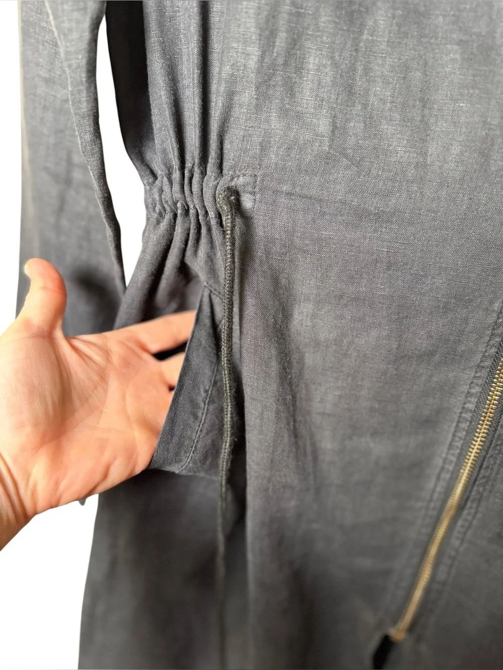 Michael Stars Small LINEN Charcoal Long-Sleeve Asymmetrical Zip Shirt Dress